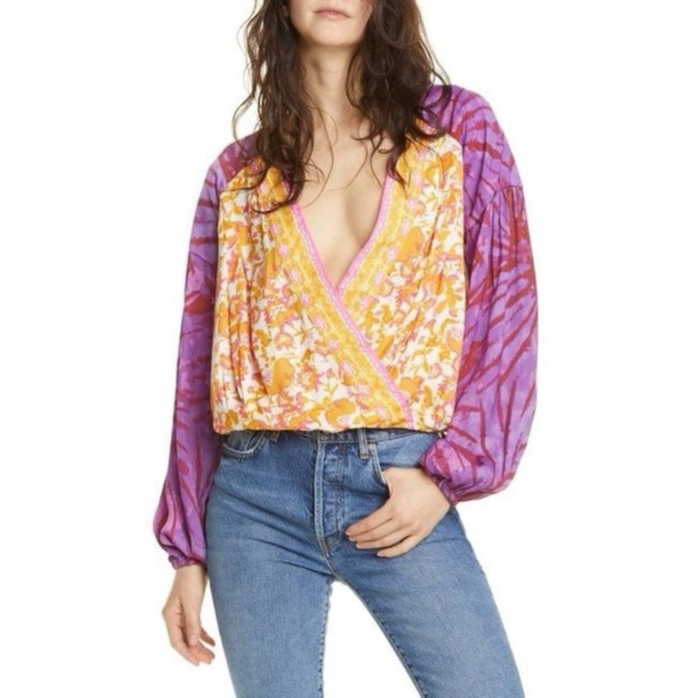 Free People Cruisin Together Boho Wrap Blouse Wildberry OrangePurple Multi Sz. S